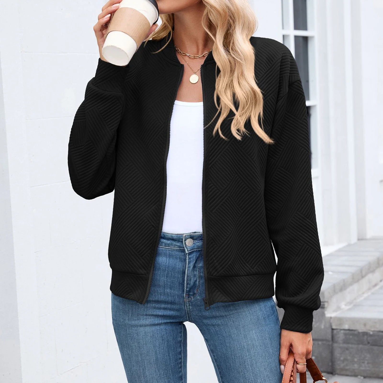 Women s Fall Coat Long Sleeve Full Zip up Baseball Jacket Solid Color Casual Outerwear
