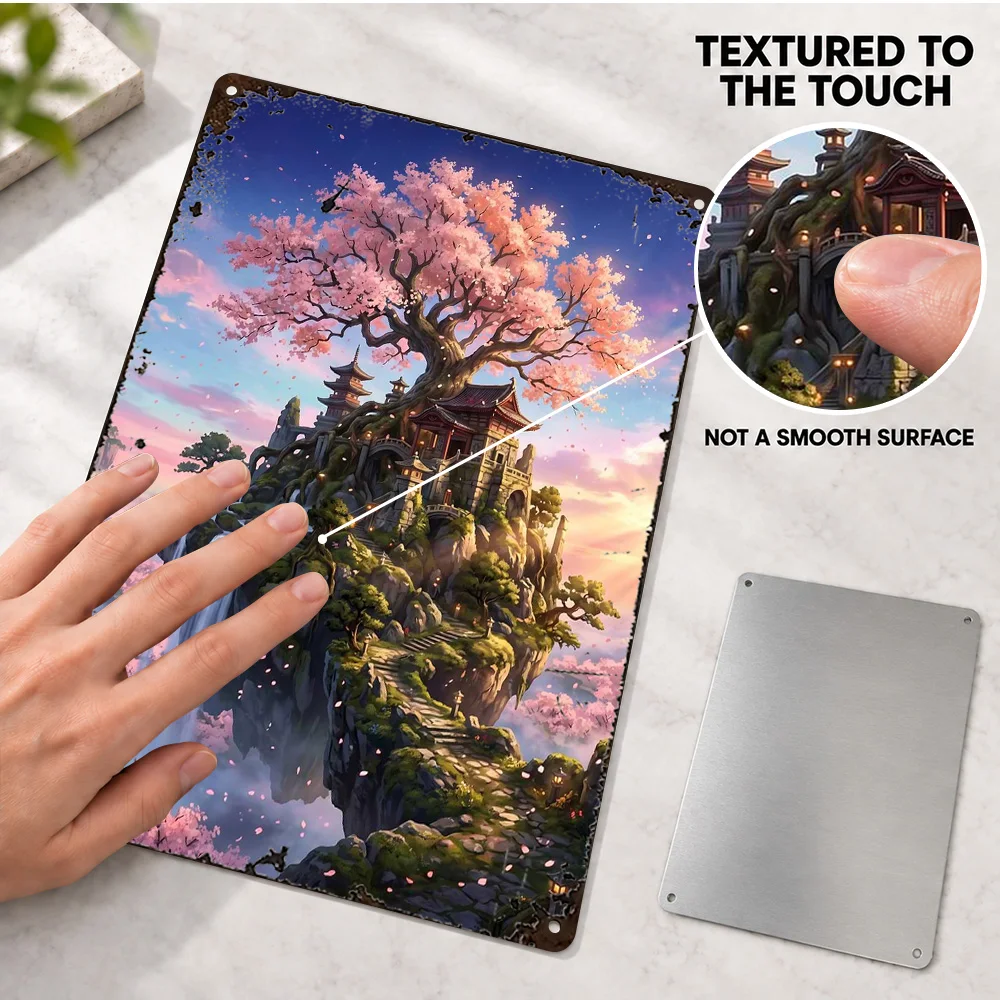Floating Island Cherry Blossom Sanctuary Printed Poster Customized Aluminum Metal Sign Digital Painting Wall Art For Living Room