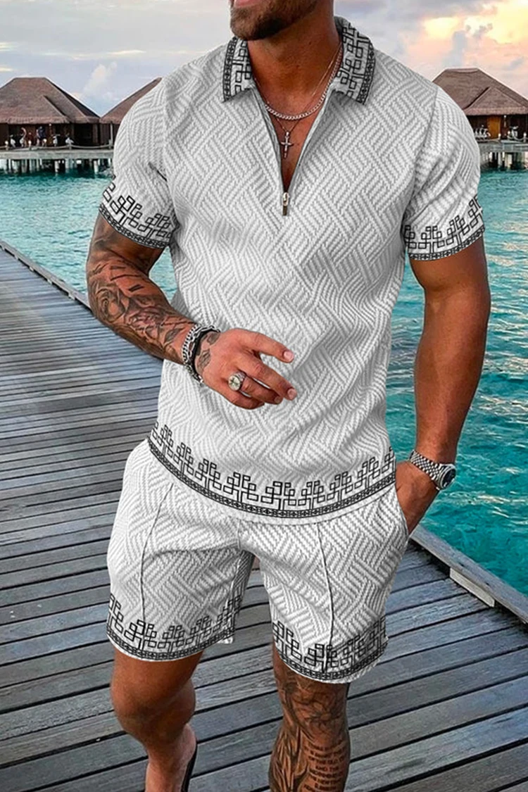 

2023 Summer Men's Fashion New POLO Shirt Print Men's Leisure Travel Party Business Shirt Zipper Short Sleeve men' Set