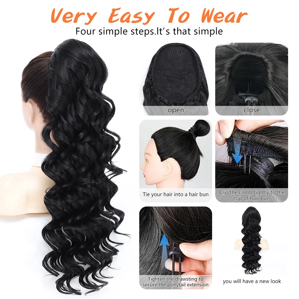 루즈 딥 웨이브 포니테일 붙임머리 블랙 합성 드로스트링 포니테일 여성용 롱 웨이브 가짜 말꼬리 헤어피스 28인치