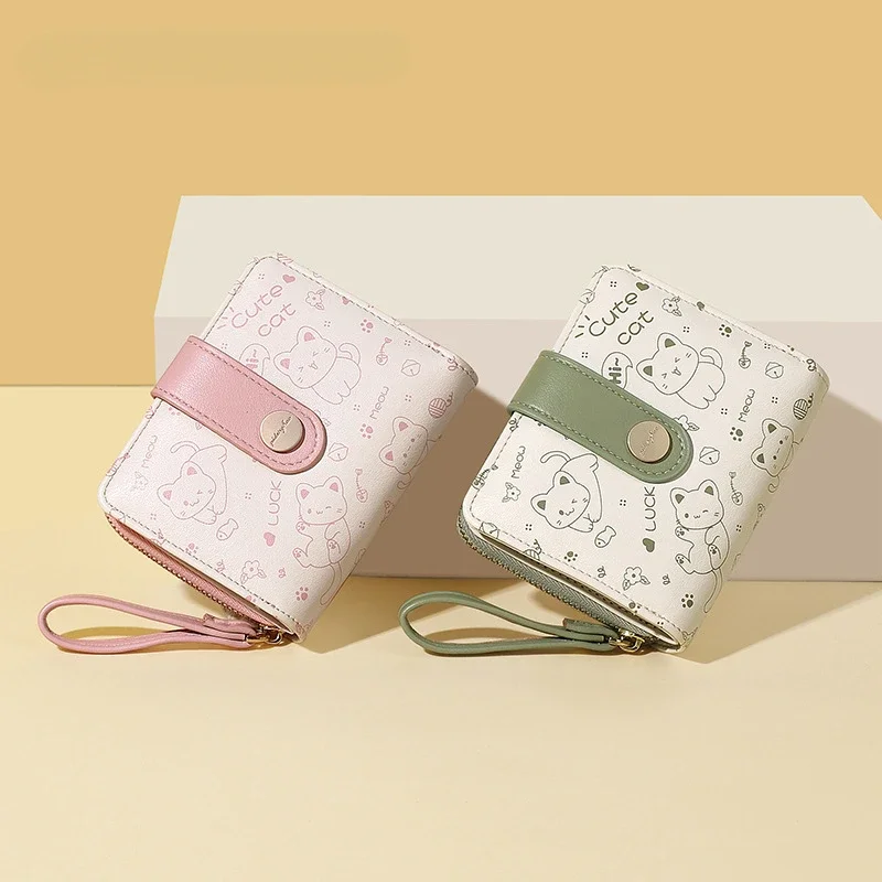 Nueva cartera japonesa con bonito gatito para mujer, tarjetero corto para identificación de estudiante, monedero con cremallera, cartera para mujer