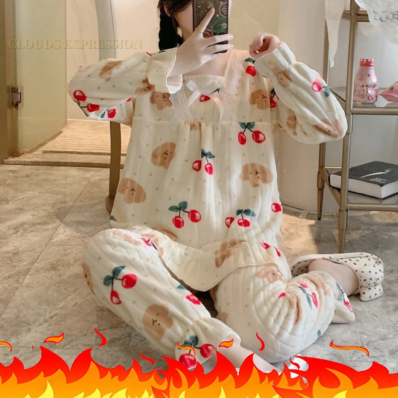 Winter Fleece Princess Women Pajamas Sets Classic Plaid Printed Teddy Sleepwear Velvet Homewear Kawaii Girl Pijamas Mujer Pyjama