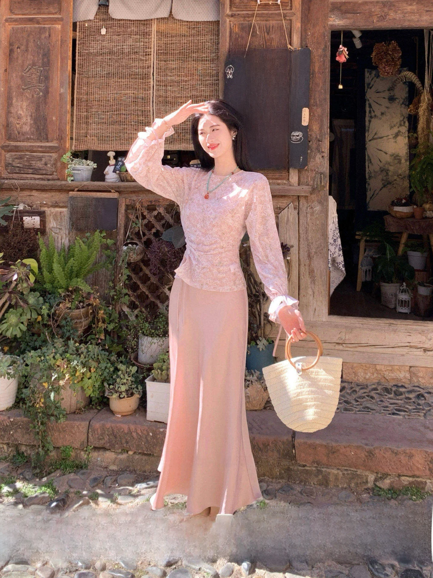 

Spring Early Chinese Style Tie-Dye Slim Fit Dress with Strap Satin Surface round Neck Long Sleeve High Waist Two-Piece Set
