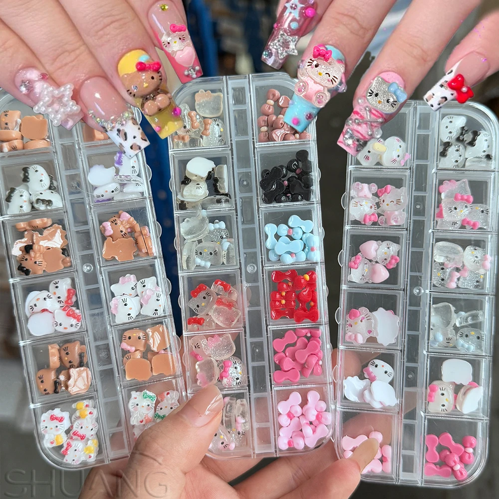 

12Grids 3D Mixed Cartoon Hello Kitty Nail Art Charms Colorful Bow Kitty Head Y2k Nail Parts Balck Skin Kitten Nail Accessories#@