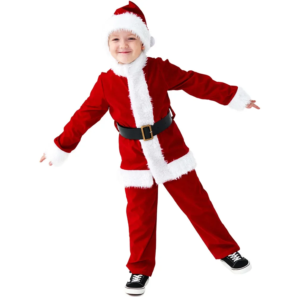 Papai Noel uniforme cosplay para adultos e crianças, fantasia de Natal de veludo, homens e mulheres, festa de ano novo, véspera de Natal, adulto