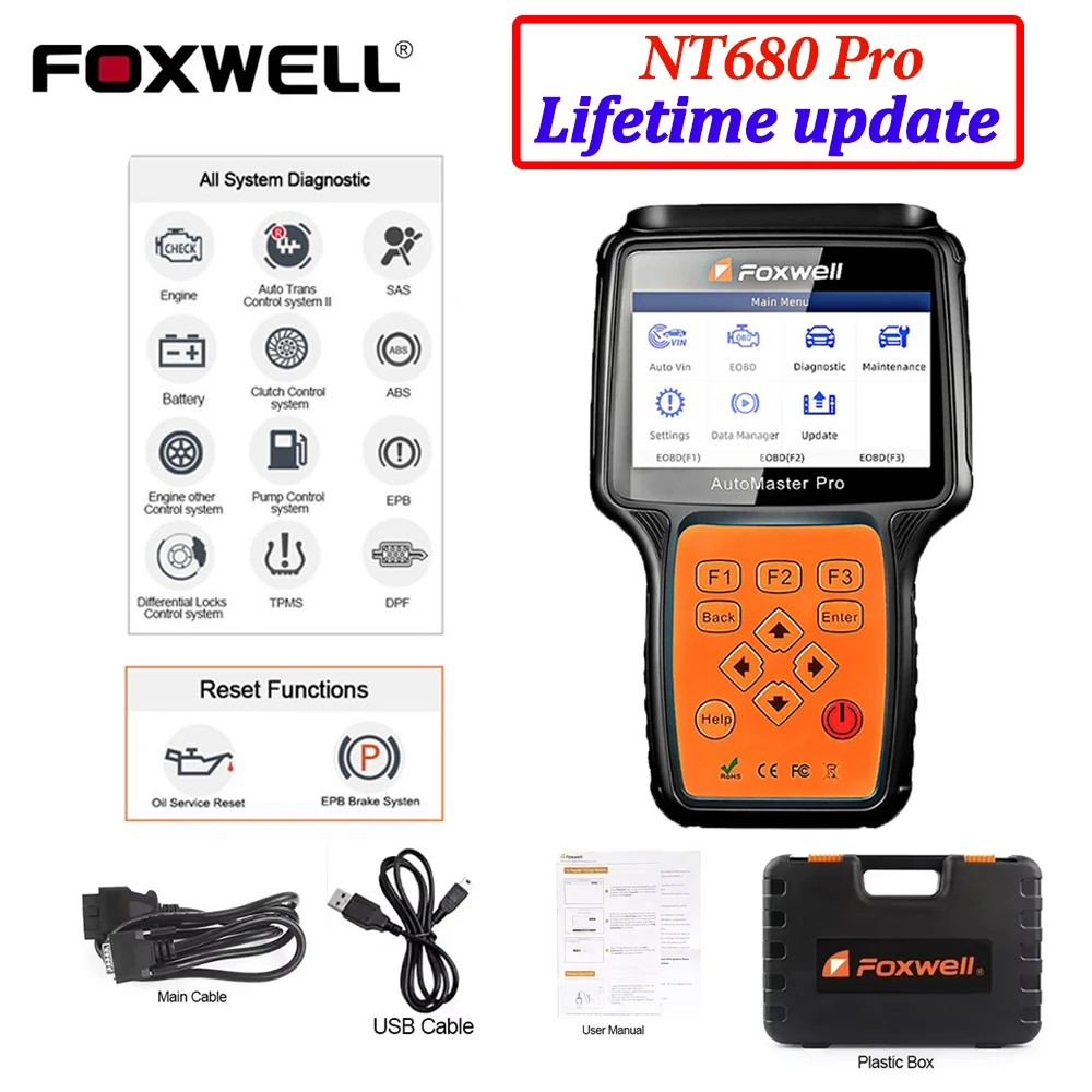 Foxwell NT680 Pro 모든 시스템 진단 스캐너, 오일 라이트, 서비스 리셋, EPB 기능, Foxwell NT650 Elite 업데이트