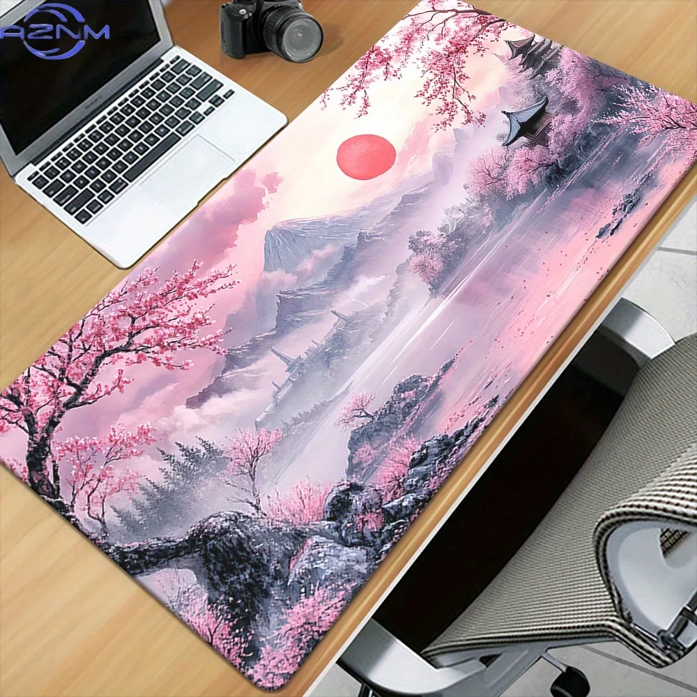 Cherry Blossoms Red Moon Large Mouse Pad Desk Mat Non-Slip Durable Stitched Edge Mouse Mat Gaming Mats Mauspad משטח לעכבר מחשב