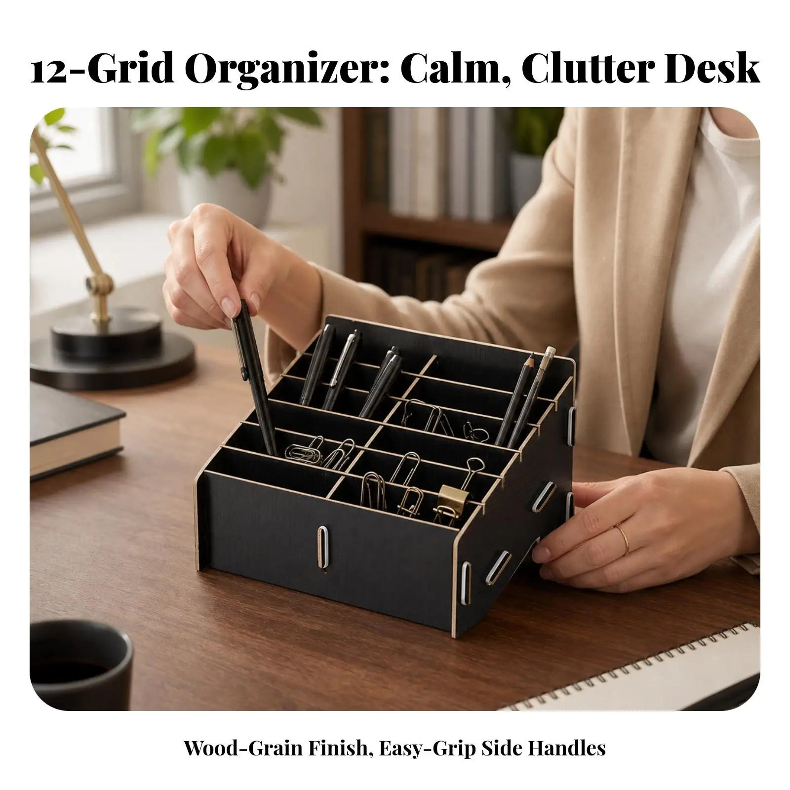 12 Slot Wooden Organizer for Office Desk with Open Top Design for Pens Markers and Small Items