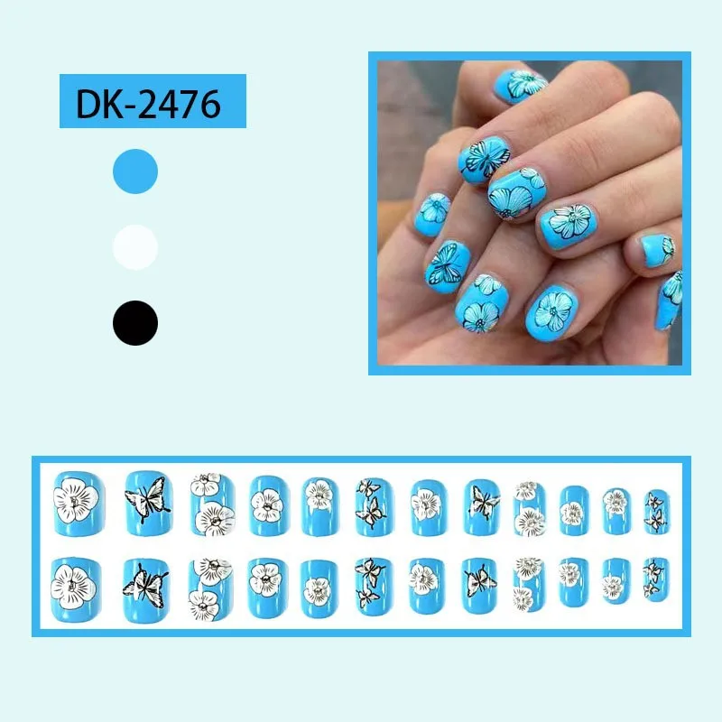 Uñas postizas con dijes cuadrados y cortos, diseños de mariposas azules y púrpuras, parches de verano para niñas picantes, 24 piezas