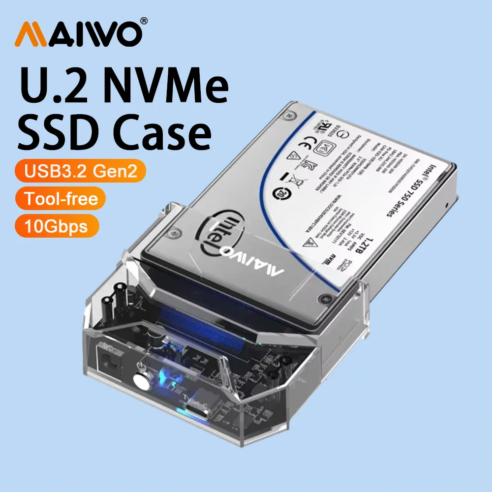 MAIWO U.2 NVMe SDD Case 10Gbps USB3.2 Type-C Gen2 Support 2.5'' U.2 PCIe Hard Drive Enclosure U.2 SSD Adapter Tool-Free For PC
