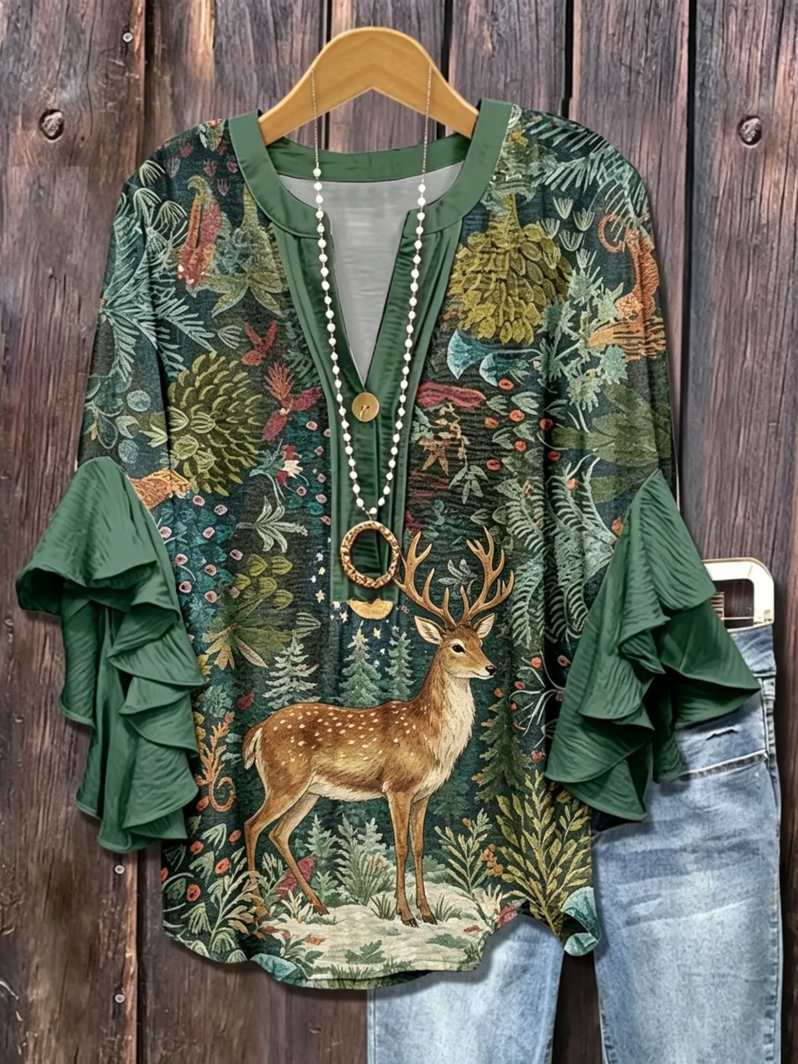 Women's Spring Summer Forest Deer Print V Neck Blouse, Casual Flounce Ruffle Sleeve Boho Top