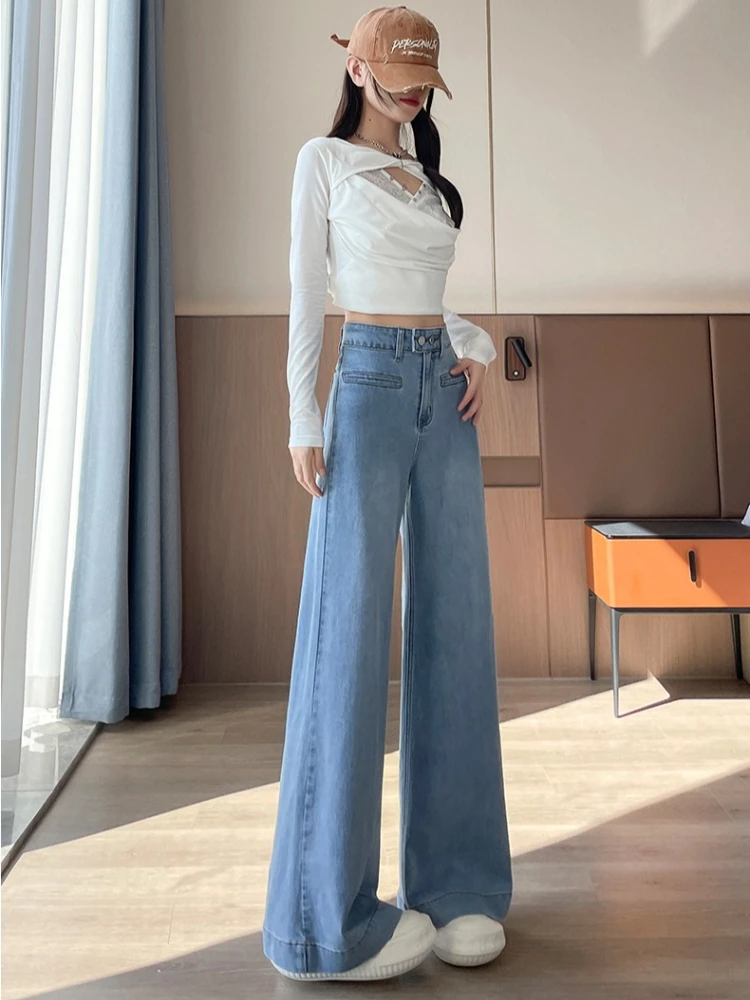 جينز واسع الساق مرن عالي الخصر بلون فاتح للنساء للخريف والشتاء وسراويل أرضية سميكة مستقيمة الساق