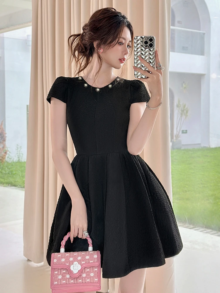 

Женская одежда, элегантные модные вечерние платья для женщин, милое бальное платье с черным жемчугом и короткими рукавами, женские платья для банкета и свиданий