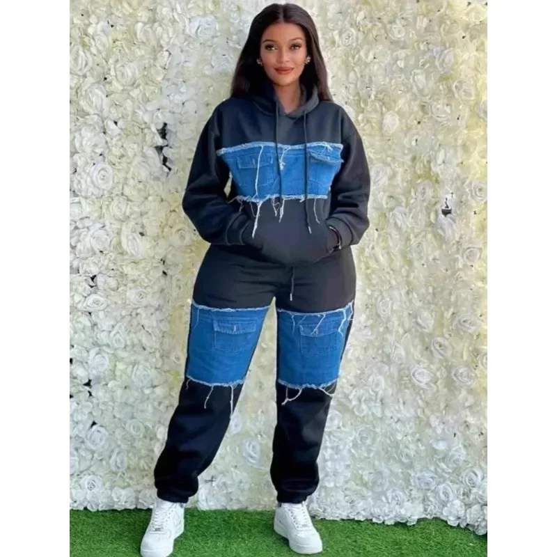 

2 Piece Women Set Dashiki African Clothes Spring Autumn New Fashion Long Sleeve Denim Top And Pants Suit Party Matching Sets