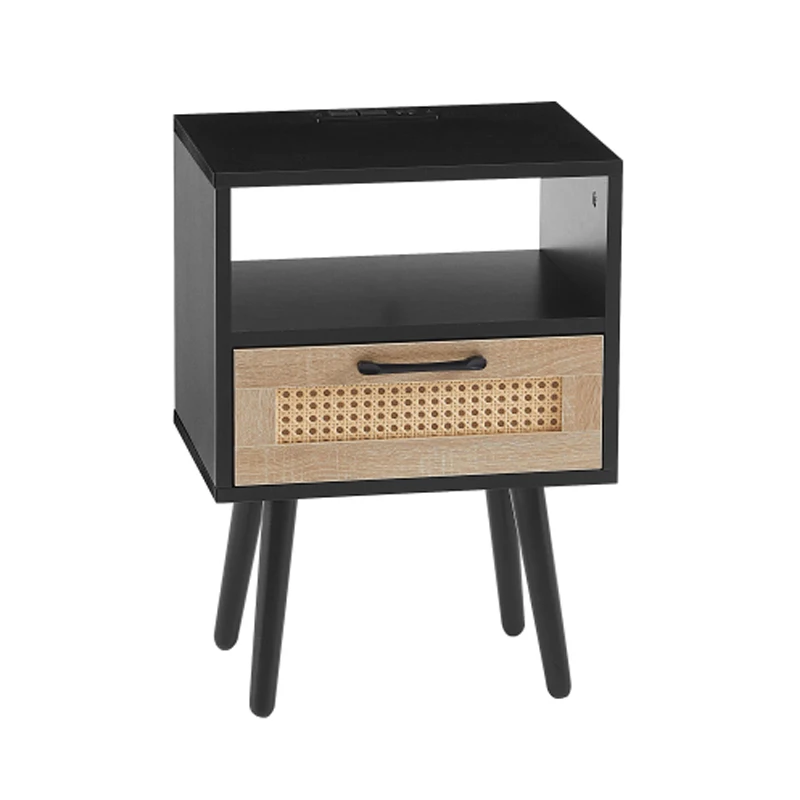 Mesa auxiliar de ratán de 15,75" con toma de corriente y puertos USB, mesita de noche moderna con cajón y patas de madera maciza, mesa auxiliar, negro