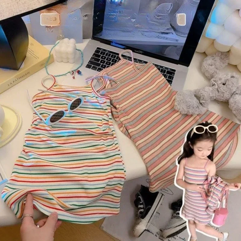 

Children Suspender Striped Long Skirts Girls Baby Princess Summer Casual Vest Dresses Fashion Cute Student Kids Short Skirt