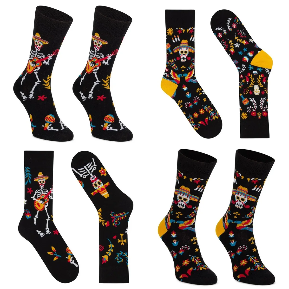 Kolorowe Skarpetki z Motywem Cukrowej Czaszki, Gitary i Kwiatów, Dzień Zmarłych, Meksyk, Día de Muertos, Skarpetki Bawełniane z Motywem Szkieletu, Unisex, Damskie, Męskie