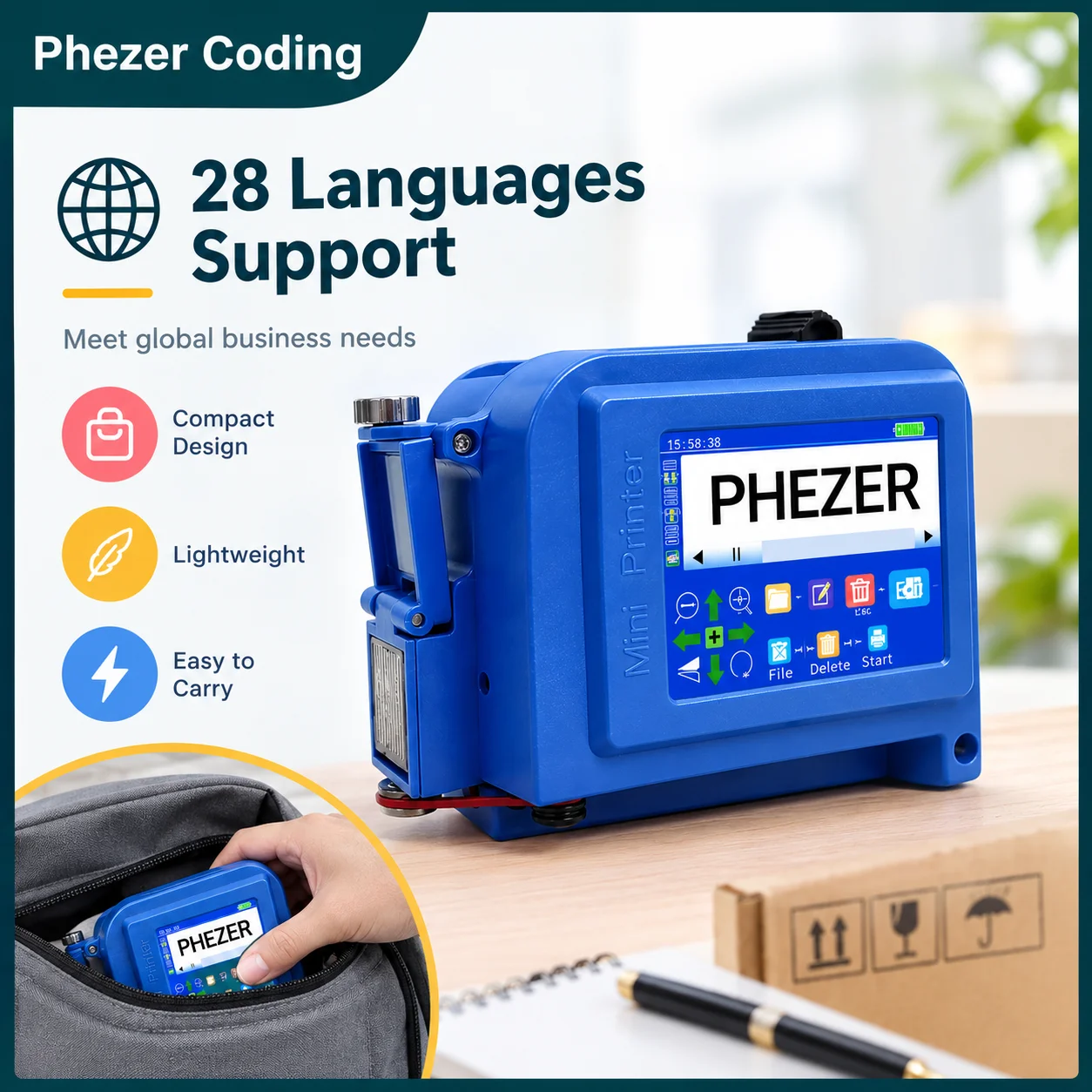 Phezer PC11Plus 12.7/25.4mm Mini Printer Portable Printer QR Bar Batch Code Date Number Logo Expiry Date Handheld Inkjet Printer