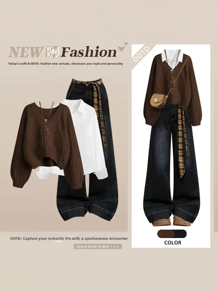 

Осенне-зимний комплект: свитер с V-образным вырезом больших размеров и джинсы с широкими штанинами, цвет кофе, свободный крой, модный