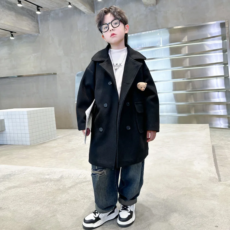 

Cotton thickened boy's woolen coat 2025 spring new children's clothing large children's woolen coat children's trench coat