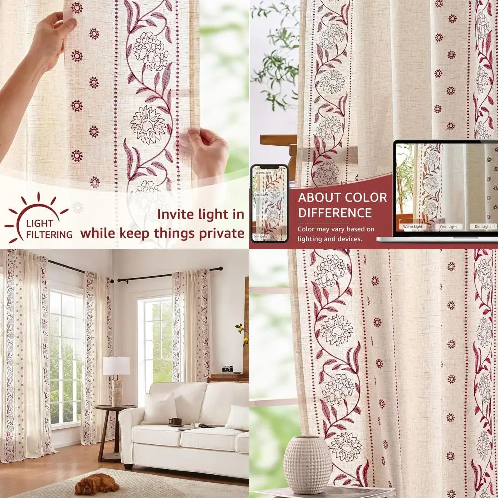 

Embroidered Floral 84 Red & Beige Curtains for Bedroom, Farmhouse Style, Light Filtering