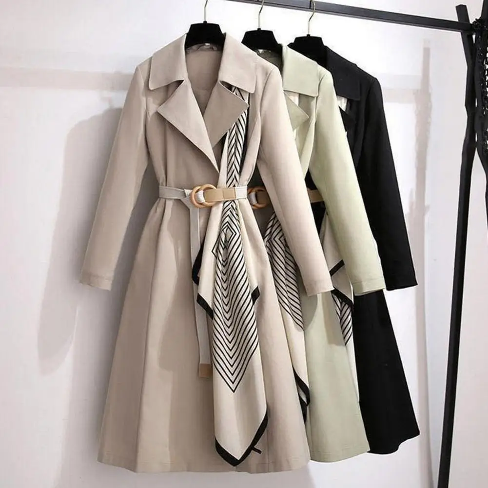 Windbreaker Coat Slim Fit Lady Windbreaker Thick High-Waist  Trendy Spring Autumn Large Lapel Dress Hem Mid-Length Outerwear