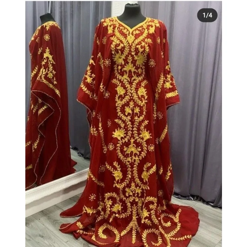 

Maroon Unique Royal African Crystal Work Moroccan Dubai Kaftan Wedding Dress