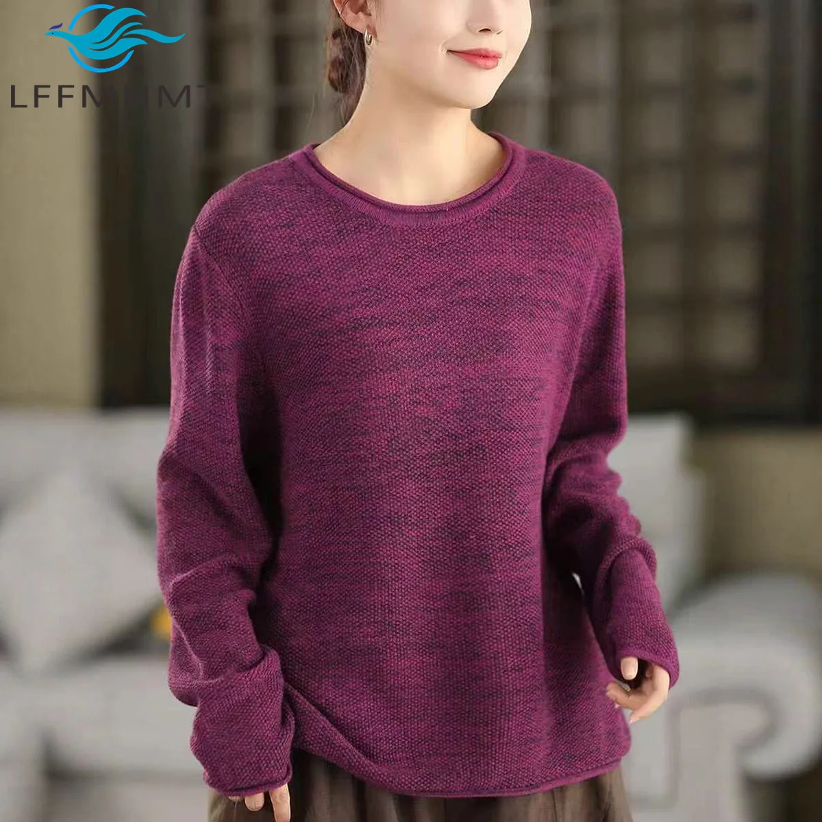 

Весенне-осенний модный женский свитер в стиле ретро из хлопковой пряжи, с круглым вырезом, с подвернутым краем, с длинными рукавами, пуловер, трикотажный джемпер