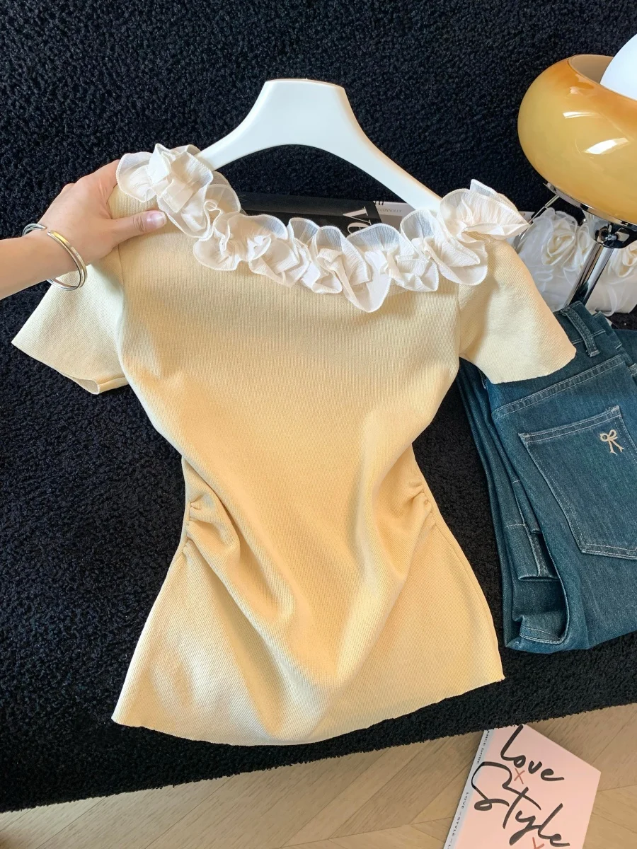 

Sweet Earlet Ruffle Shoulder Short Sleeve T-Shirt Women's Summer Yellow Knitted Top Fashionable Design Casual Chic Style
