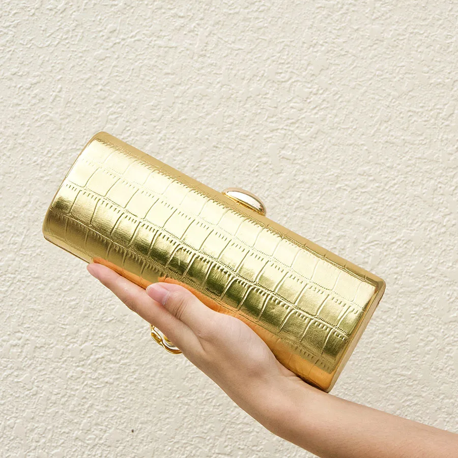 

Crocodile pattern cylinder hand-held dinner bag, metallic glossy texture simple high-end dress bag