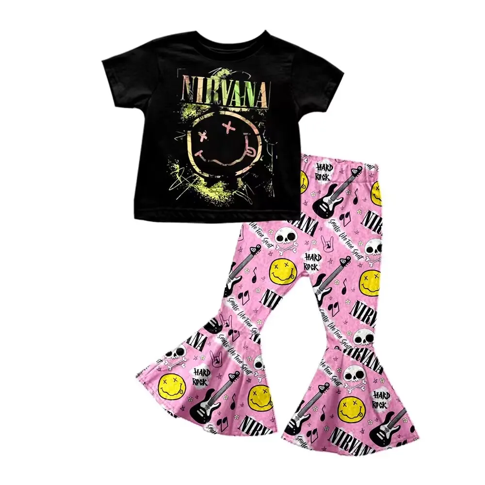 

Boutique children's clothing girls black guitar print short sleeve bell pants wholesale jumpsuit baby suit for girls outfit