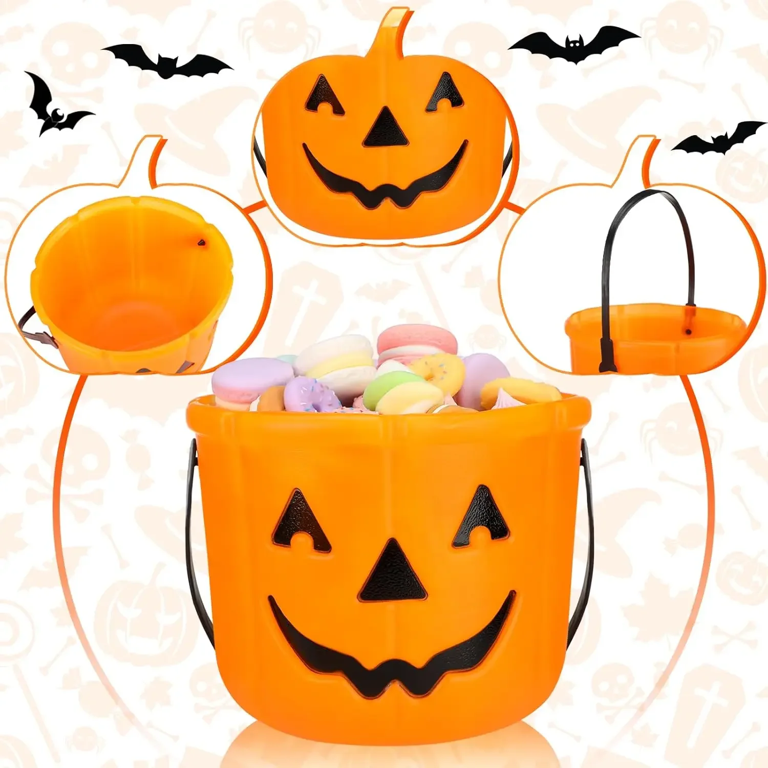 Halloween Trick or Treat Buckets Pumpkin Candy Basket Plastic Pail Candy Holder with Handle Orange Jack-o\'-Lantern Party Favors