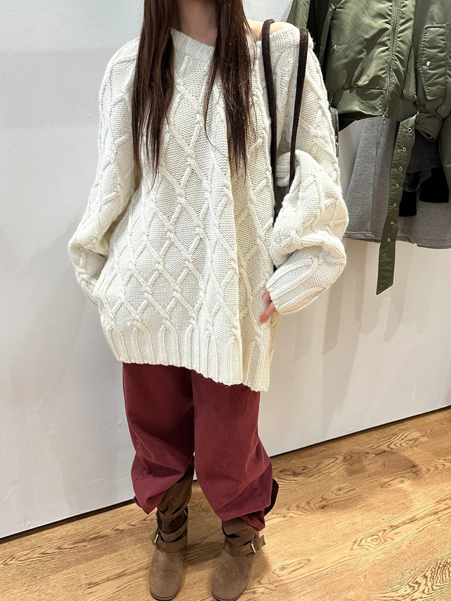 

Женское свободное трикотажное пальто с ромбовидным узором Ba на одной пуговице, зимняя новинка, повседневная верхняя одежда Faion, длинная свековая круглая...