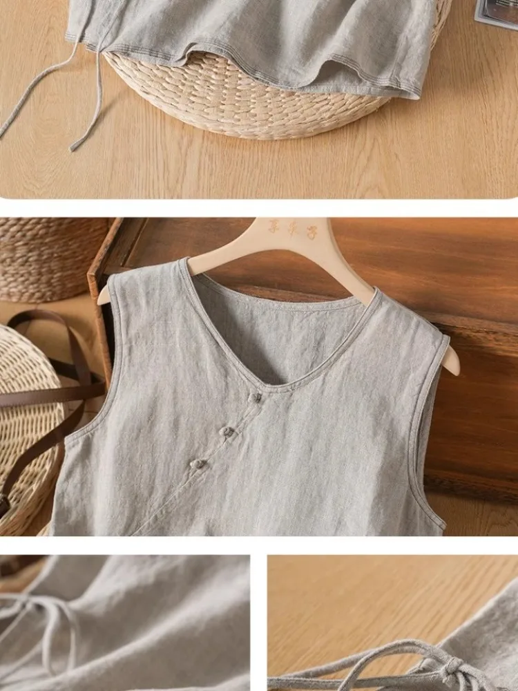 中国風ヴィンテージ綿麻ベスト レディース 夏 シンプル 薄手 スリムトップ ボタンタイ バルクロージング