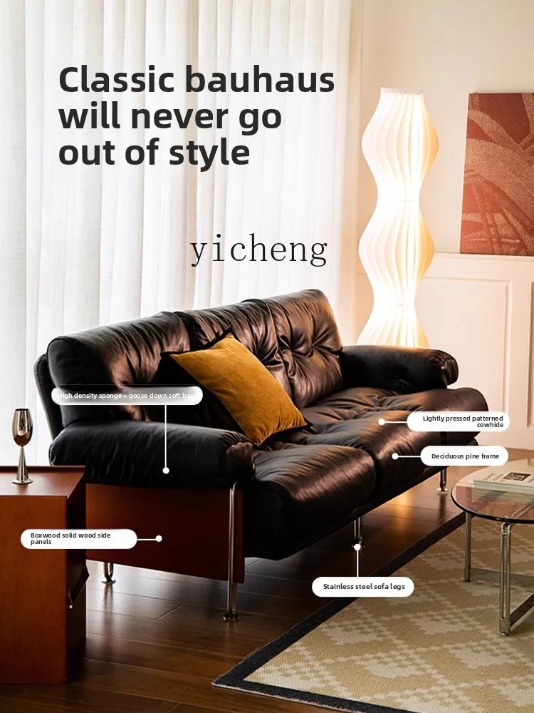 YFY  retro black leather first layer cowhide sofa medieval small apartment living room solid wood high backrest