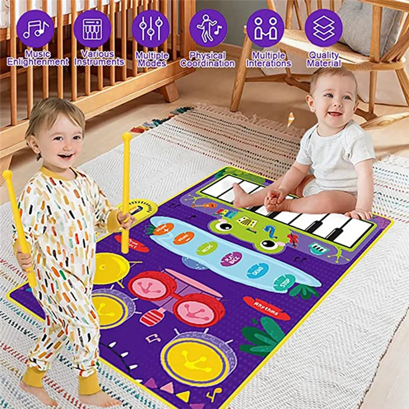 

2525+ 2-в-1, клавиатура для фортепиано и коврик для барабана для малышей с палочками, сенсорные игрушки для раннего обучения музыке для детей от 1 до 3 лет
