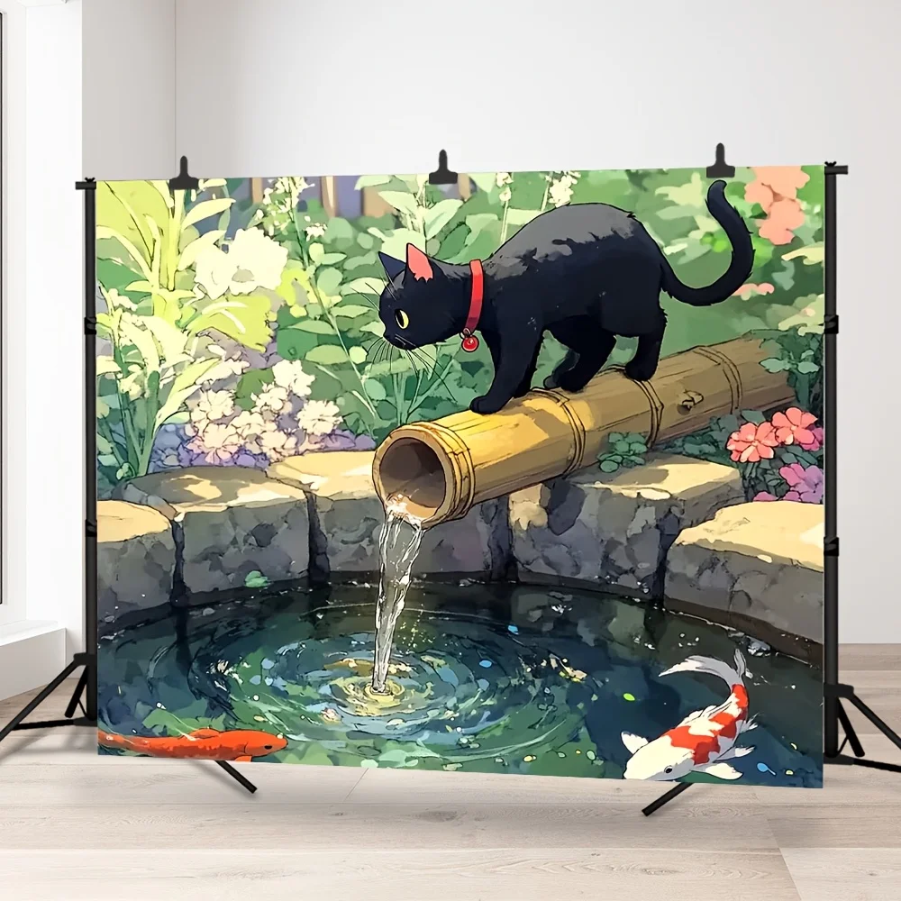 Charming black cat and koi fish pattern tapestry, machine washable polyester, suitable for bedroom and living room decoration.