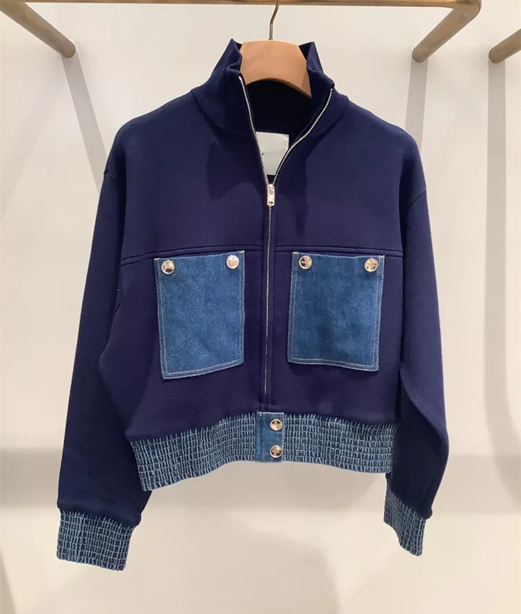 

High-End Version Early Autumn Denim Patchwork Jaet Top ket Patch ort Knitted Outerwear Women's Faion Outerwear
