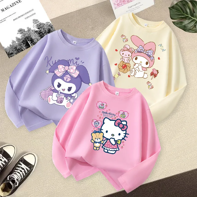 Sanrios Girl Long Sleeves T-Shirt Pure Cotton Child Western Hello Kittys Anime Student Kawaii Cartoon Cartoon Fashion Jacket