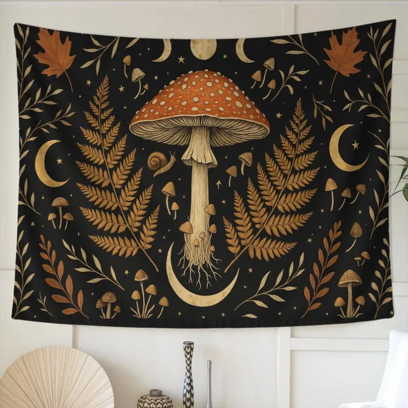 Magical Moon Phase Flying Mushroom Fern Snail Leaf Printed Tapestry Bohemian Celestial Plants Wall Hanging Room Decoration