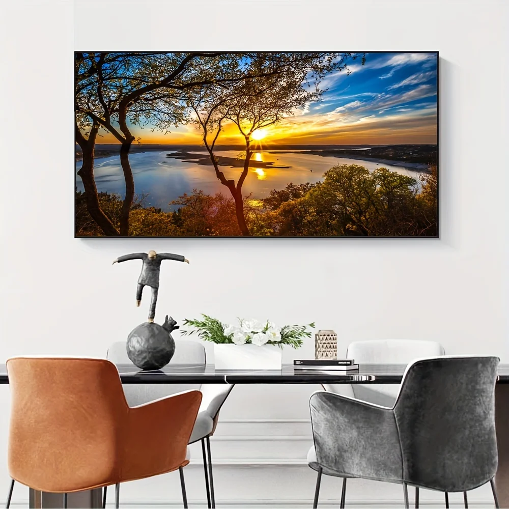 

1pc Modern Lake Sunset Scenery Wall Sticker, PVC Waterproof Self Adhesive Decorative Stickers For Study, Bedroom, Living Room