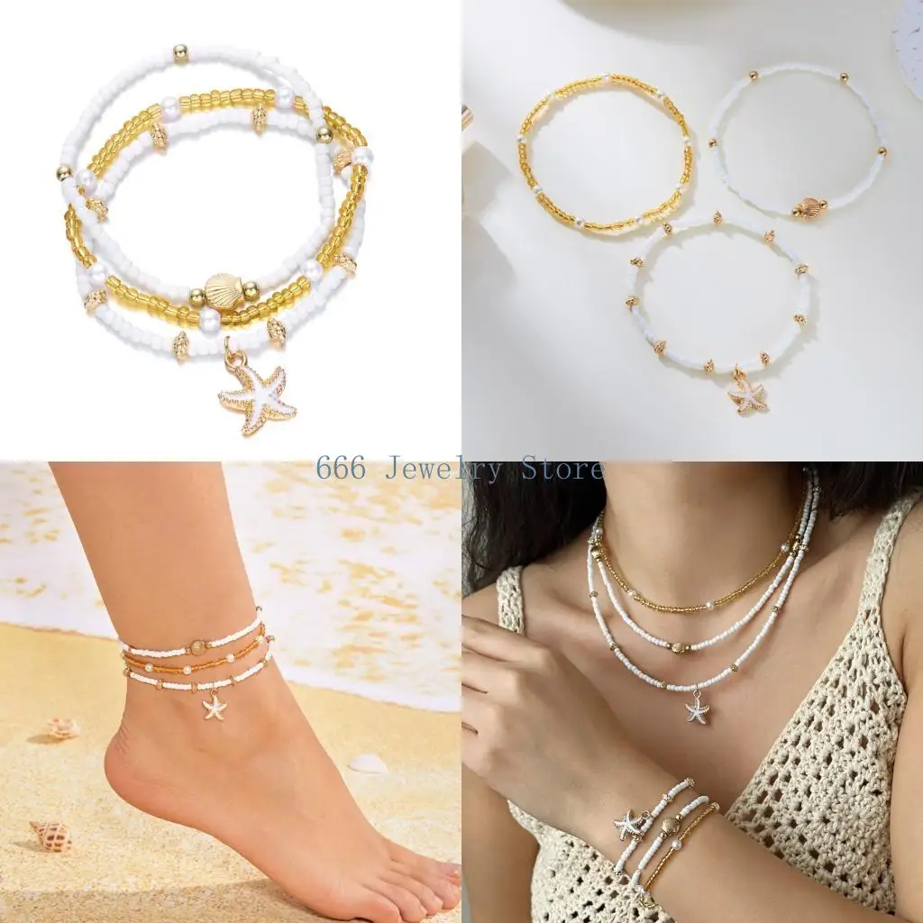 F2TD Elegant Vacation Essential Convertible Shell Bead Jewelry Set Necklace