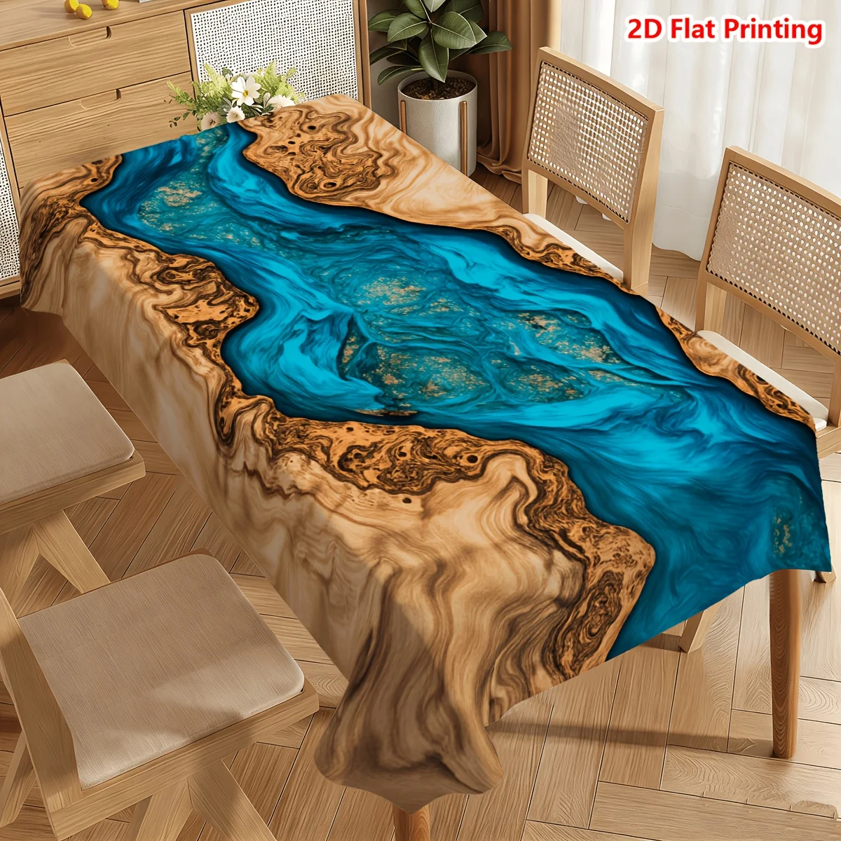 A tablecloth featuring an abstract design with wood and river patterns, presenting a natural earthy color tonezyc