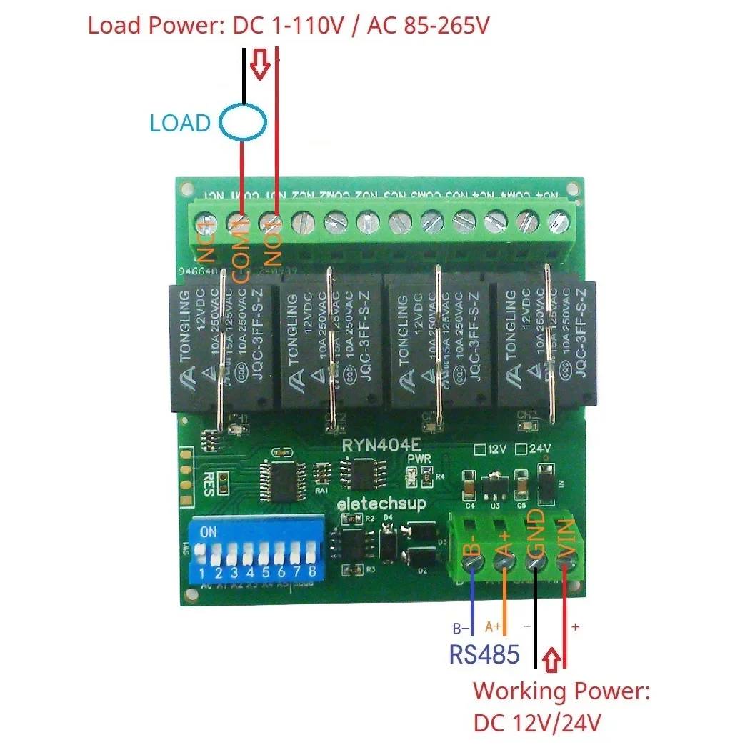 Modbus RTU Relay Module 4CH 8CH DC12V/24V 10A DIN Rail Relay Board PLC HMI DO Expansion Home Automation