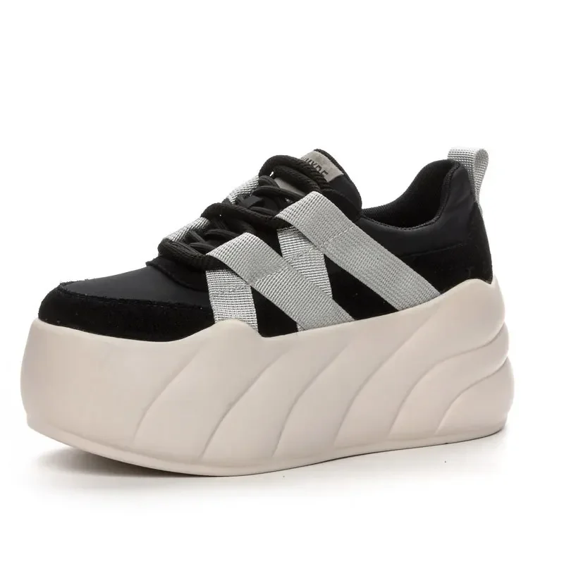 

8cm Synthetic Women Stable High Platform Chunky Sneakers Fashion Spring Autumn Vulcanize Cow Genuine Leather Lace Up Shoes