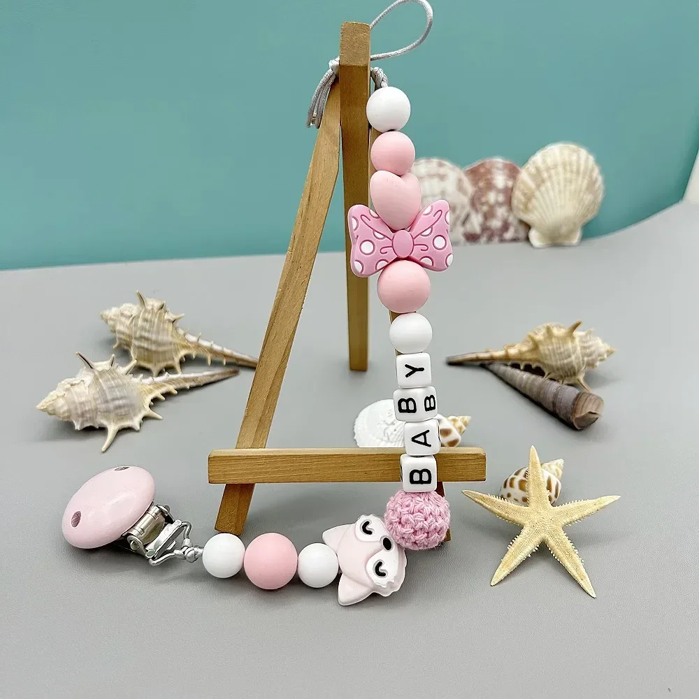 Custom English Acrylic Letter Name Silicone Fox Beads Baby Pacifier Chain Clip Teether Pendants Kawaii Baby Creative Toy Gifts