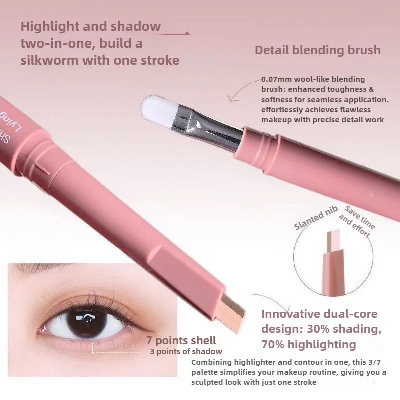 Matita per baco da seta sdraiata a doppia estremità Evidenziatore 2 in1 Contorno della palpebra inferiore nudo Stick per trucco eyeliner Aegyo-sal con pennello per dettagli