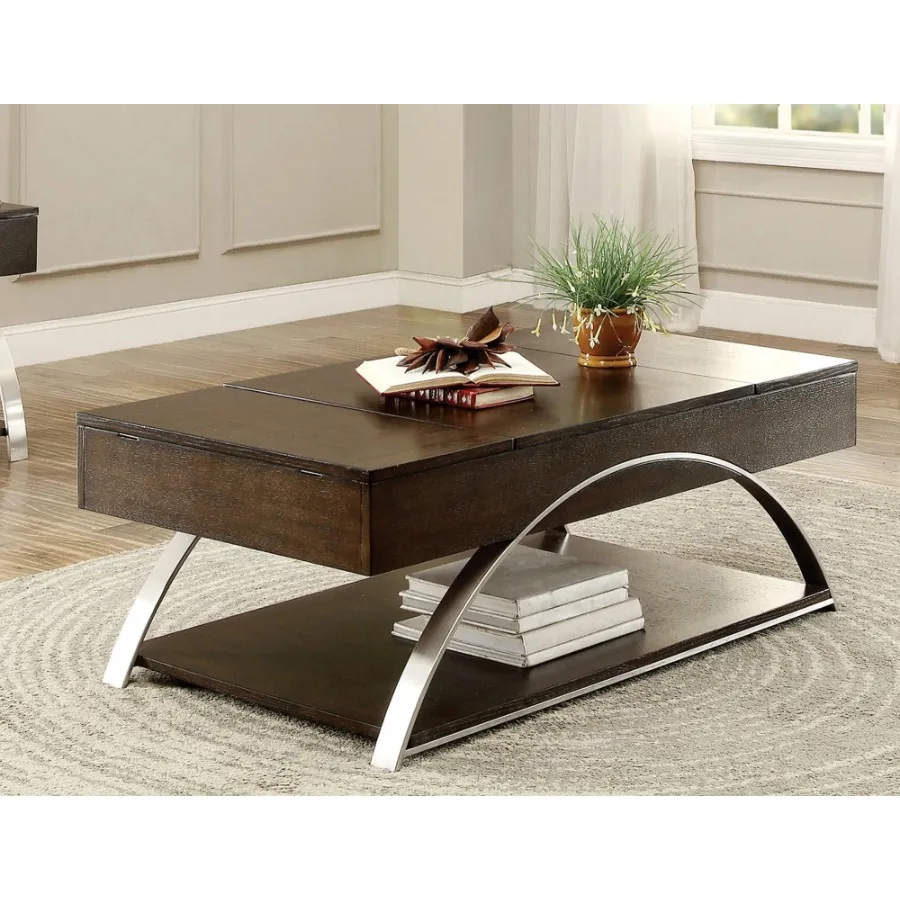 Modern Living Room Furniture 1pc Lift Top Coffee Table with Display Shelf Espresso Finish Wood Chrome Metal Finish Unique Style