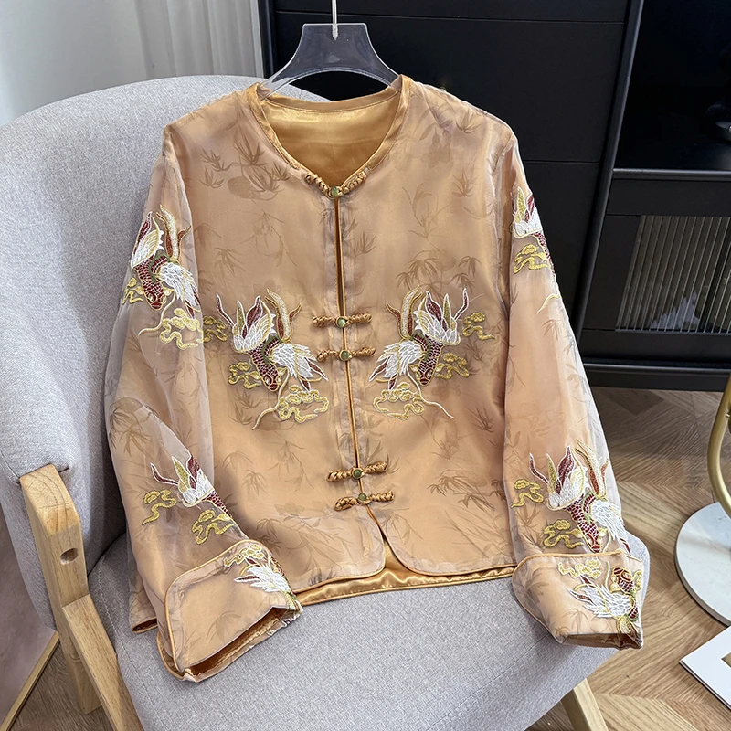 

Ele вышитый двухслойный топ Ogees ort Jaet, женский весенне-летний свободный модный воротник-стойка, стильный открытый кардиган, топ