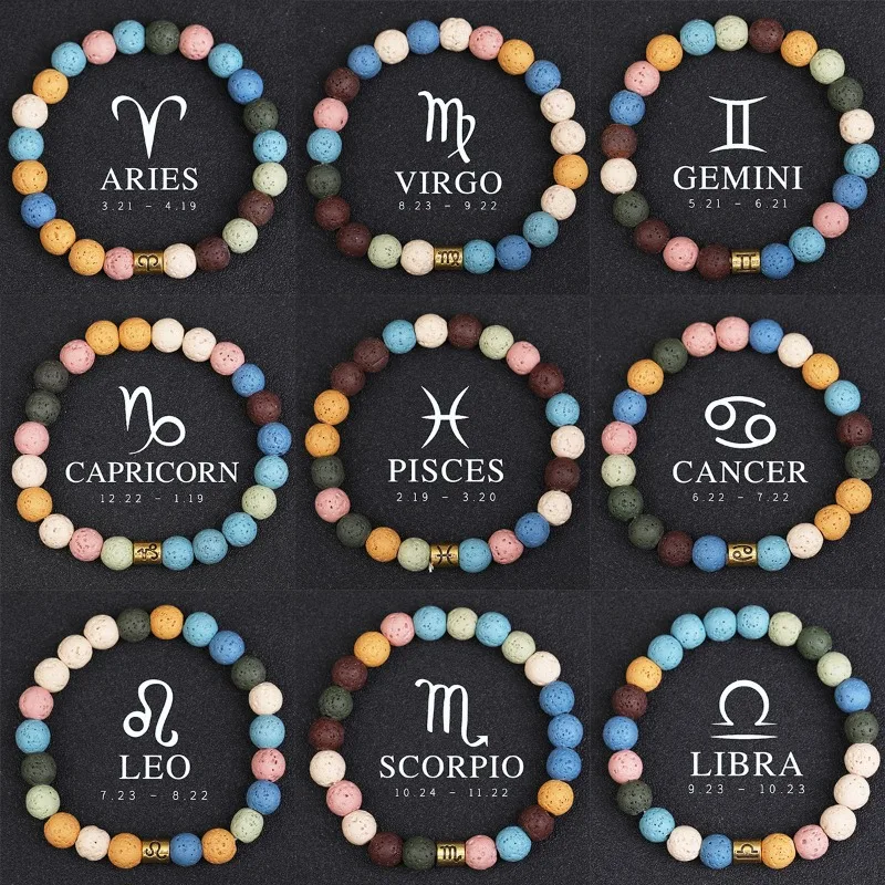 10pcs Dopamine Colorful Lava Stone Zodiac Sign 12 Constellation Bangle Men Gemini Virgo Leo Libra Women Friendship Gift Bracelet